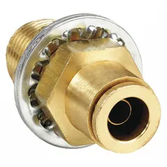 Brass push-to-connect union fitting with 1/4 in OD tube size and 1/4 in NPTF male thread. Connects tubing to threaded ports in pneumatic or air brake systems without tools, providing a leak-free seal. Suitable for use in compressed air lines and industrial fluid handling.