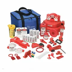 This filled lockout tag out maintenance department kit includes an assortment of plug, (2) push-button lockout devices, and (1) butterfly valve lockout device. It is housed in a nylon bag carrying case measuring 15.75 in D x 14.5 in W x 9.5 in H. Designed for electrical and valve lockout applications to isolate energy sources during servicing.