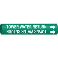 Green pipe marker with white legend reading 'Tower Water Return', designed to fit pipe outer diameters of 4 to 6 inches. Includes arrows to indicate flow direction. Used for identifying cooling-tower return lines in industrial piping systems