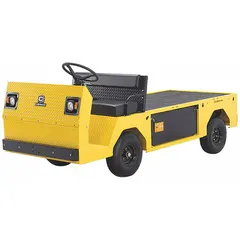 Powered cargo carrier with a 75 in x 41 1/2 in platform, automatic transmission, and DC battery power. Features front and rear wheel hydraulic drum brakes and transverse leaf spring suspension. Suitable for transporting materials and goods in warehouses, distribution centers, and industrial facilities.