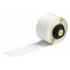 Thermal transfer precut label roll measuring 1 in x 4 in, with rubber aggressive adhesive for permanent bonding. Halogen-free material suitable for labeling equipment, pipes, and safety signs in industrial environments. Compatible with BMP61 printer series. Pack of 100 labels.