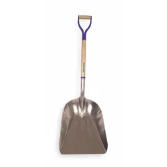 Standard scoop shovel with #12 blade size. Aluminum blade with natural finish, 18 3/4 in length and 13 3/8 in width. Wood handle. Used for moving grain, feed, and other bulk materials.