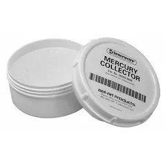 Clean-up sponge for mercury spills, measuring 4 1/2 in x 2 in. Includes a perforated plate for controlled collection and disposal. Maximum mercury absorbency of 125 mL. Suitable for use in laboratories and industrial settings where mercury containment is required.