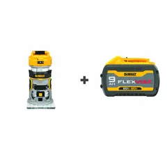 Cordless fixed-base router with 1.25 hp brushless motor, 25,500 RPM, and 1/4 in collet. Palm grip design for control. Includes one 9.0 Ah FLEXVOLT battery. Suitable for edge profiling, trimming, and joinery in woodworking applications.