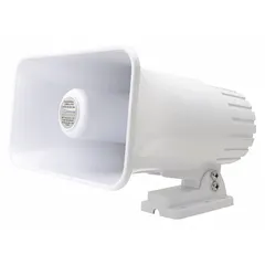 This 1-way horn speaker has an 8 ohm impedance and an overall width of 4 3/4 inches. It is designed for indoor use in public address and paging applications within commercial facilities, warehouses, and industrial settings.
