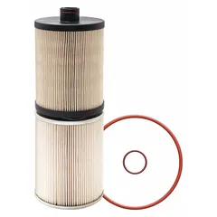 Cartridge-type diesel fuel filter with paper media. Outside diameter 5 7/8 in, inside diameter 1 3/16 in. Includes three O-rings. Interchanges with FleetGuard FS53014. Used in fuel systems of Cummins buses to remove contaminants from diesel fuel.