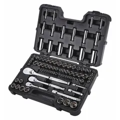 This 86-piece socket set includes 1/2 in drive tools and covers both SAE and metric sizes. The set features 12-point and 6-point sockets, suitable for tightening and loosening fasteners in automotive repair, machinery maintenance, and general industrial assembly.