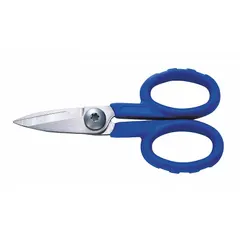 These plastic-handle scissors feature a straight stainless steel blade with a fine edge, suitable for cutting soft cable and wire sheathing. With an overall length of 5 1/2 inches, they are designed for right-hand use in electrical and maintenance tasks.