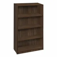 This stationary bookcase from REGENCY is constructed of laminate in a Neo Walnut finish. It measures 47 inches in height, 32 inches in width, and 14 inches in depth. Suitable for organizing books, binders, or decorative items in office or home settings