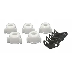 This pop-up clip is a replacement part for sink drains, used to secure the pop-up stopper assembly. Made of plastic with a chrome-plated finish, it features a slip connection type and includes a universal plastic nut. Pack of 5 clips, each with 1-1/2 inch overall height.