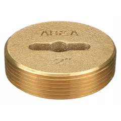 Brass cleanout plug with 2-inch overall diameter and 2-inch overall height. Screw-in design for secure installation. Used to seal drain or access points in piping systems for inspection and cleaning.