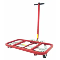 This lift-and-roll desk dolly is designed for moving heavy furniture such as desks and cabinets in offices, warehouses, and industrial settings. It features a red finish, four swivel casters with rubber tread for maneuverability on hard floors, and a 600 lb capacity.