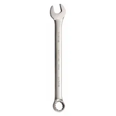 This SAE 12-point combination wrench features a satin finish and offset design. It is constructed from alloy steel, with a 2 9/16 in head size and 27 1/4 in overall length. Suitable for tightening or loosening SAE fasteners in heavy equipment, industrial machinery, and plant maintenance.
