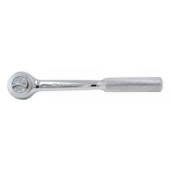 This standard-head ratchet features a reversible design and a chrome finish. With a 4° minimum arc swing and an overall length of 7 1/4 inches, it is suited for tightening and loosening fasteners in confined spaces during mechanical assembly and maintenance tasks.