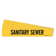 Yellow adhesive pipe marker with black legend reading 'Sanitary Sewer' without arrows. Fits pipe outer diameters from 2-1/2 to 7-7/8 inches. Pack of 5 markers for identifying sanitary sewer lines in industrial piping systems.