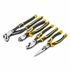 General-purpose set of 4 pliers with deluxe cushion grips for manual operation. Includes an 8 in diagonal cutting plier and a slip-joint plier, covering a pliers range of 2–5. Suitable for gripping, cutting, and turning tasks in maintenance and repair work. Carded packaging.