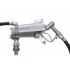 This bung-mount AC-powered fuel transfer pump operates on 115 V AC with a 1/8 hp motor, delivering a maximum flow rate of 13 gpm. It includes a 12-foot discharge hose and a manual nozzle, suitable for transferring fuels from drums or barrels in industrial, agricultural, and automotive applications.