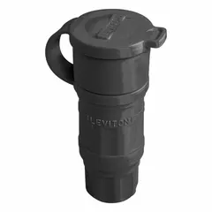 Watertight straight blade connector rated 125V AC, 20A, 2-pole, 3-wire with NEMA 5-20R configuration. Black housing provides weather-resistant protection for industrial electrical connections in environments requiring moisture sealing.