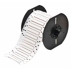 Polyolefin white matte precut sleeve label roll for wire identification. Sized 3/16 in x 2 in, fits 10 AWG to 16 AWG wire gauge. Compatible with BBP33 printer series. Used in industrial settings for clear, durable marking of wires and cables.
