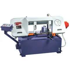 This mitering semi-automatic horizontal band saw cuts metal stock at angles from 0° to 45°. It has a rectangular capacity of 12 in x 18-1/2 in and a blade speed range of 85 to 370. The saw operates on 3-phase, 230V AC power with an 8.6 amp rating. Typical applications include cutting beams, pipes, and bars in fabrication and maintenance settings.