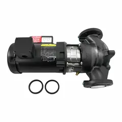 Cast iron inline circulator pump with flanged connections, 3/4 hp motor, 208-230V AC, delivering 88 gpm at 21 ft max head. Used for circulating water or glycol mixtures in hydronic heating and cooling systems.