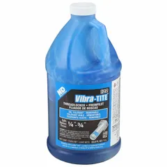 Blue, oil-tolerant threadlocker in a 33.81 fl oz jug. Medium-strength formula requires no primer. Used for locking and sealing threaded fasteners in industrial machinery, pumps, and combustion equipment.