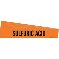 Orange adhesive pipe marker with black legend reading 'Sulfuric Acid'. Designed for pipes with outer diameter of 8 inches and larger. Each pack contains 5 markers without directional arrows. Used to identify piping systems carrying sulfuric acid in industrial facilities.