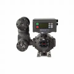 Positive displacement flowmeter for fuel transfer pumps. Anodized aluminum housing. LCD display shows total gallons. Accuracy +/-0.5%.