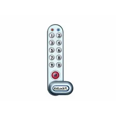 Electronic keypad cabinet and locker lock with a powder-coated finish and cam latch. Body height 1 5/16 in, body width 5 3/8 in. Provides keyless entry for securing cabinets and lockers in commercial, industrial, and institutional settings.