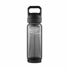 This MILWAUKEE plastic water bottle has a 25 oz capacity and is made of BPA-free black plastic. With an overall height of 11 1/4 in, it is suitable for use in industrial job sites and workshops to keep workers hydrated during shifts.
