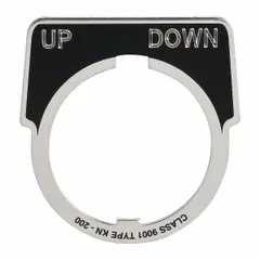 Half-round legend plate for push-button stations, with a 30 mm panel mounting size. Constructed of black metallic aluminum with a silver notch and English up-down marking. Overall height 1 3/4 in, overall width 1 5/8 in. Used to label directional or start-stop functions in industrial control panels.