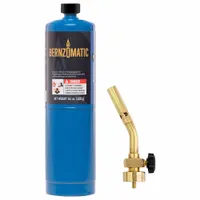 Propane-fueled hand torch with fixed tip and adjustable flame. Produces a pencil flame for targeted heating. Includes external lighter. Suitable for soldering, brazing, and heat shrinking