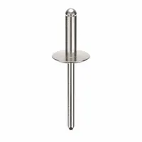 Open-end blind rivet with a large flange for load distribution in thin or soft materials. Overall length 2 in, body length 43/64 in, diameter 0.183 in. Supplied in a 250-piece pack. Used for single-sided fastening in sheet metal assembly