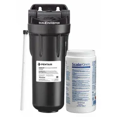 This appliance water pre-filter system reduces scale in water lines. It features a plastic black housing with NPT connections and an overall height of 12 1/2 inches. Commonly installed upstream of ice machines, coffee brewers, or other equipment requiring filtered water.