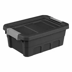 This plastic storage tote has a 4-gallon capacity and a black body. It features a latch-on lid for secure closure. Suitable for organizing household items, tools, or office supplies in closets, garages, or on shelves.