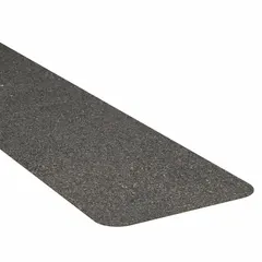Black solid rubber antislip treads with coarse 60-grit abrasive surface for medium-traffic areas. Each strip measures 6 in x 24 in with 36 mil thickness. Features aggressive adhesive that conforms to irregular surfaces and chemical resistance. Suitable for indoor and outdoor use on stairs, ramps, walkways, and industrial floors. Meets ANSI specifications.
