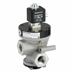 Three-way, two-position inline poppet valve with zinc alloy body. Normally closed with spring return. Ports are female 1/2 in NPT. Used in industrial pneumatic systems for air flow control, such as cylinder actuation and automated machinery.
