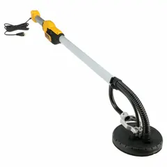 Corded drywall sander with a 9-inch hook-and-loop disc pad and variable speed control. The 63-inch tool length allows extended reach for sanding ceilings and walls. Suitable for smoothing joint compound and preparing drywall surfaces for finishing.