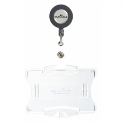 Clear plastic badge pouch designed for horizontal display of ID badges, access cards, or security passes. Each pouch measures 3 7/16 inches wide by 2 1/8 inches high and is intended for use with retractable tethers. Sold in a pack of 10.