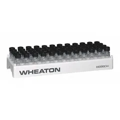 This polypropylene vial rack from WHEATON provides 48 positions for organizing and storing sample tubes or vials in laboratory settings. The white rack measures 10-1/2 inches in length, 3-3/4 inches in width, and 1-1/8 inches in height. It is suitable for general lab storage and transport of vials.
