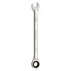 This SAE 12-point ratcheting combination wrench features a 3/8 in head size and 6 1/8 in overall length. It is constructed from alloy steel with a chrome finish. Suitable for tightening or loosening fasteners in maintenance, assembly, and repair tasks.