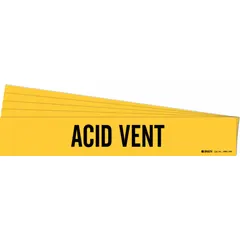 Yellow adhesive pipe marker with black legend reading 'Acid Vent'. Designed for pipes with outer diameter of 8 inches and larger. Pack of 5 markers without directional arrows. Used for identifying acid vent piping in industrial facilities.