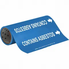Blue adhesive pipe markers with white legend reading 'Contains Asbestos' and directional arrows. Each roll contains 30 markers suitable for pipe outer diameters from 2-1/2 to 6 inches. Used to identify piping systems containing asbestos in industrial and facility applications.