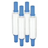 This 4-pack of clear stretch wrap film is designed for securing and stabilizing pallet loads during storage and transport. Each roll measures 30 inches wide by 1,000 feet long. The integrated handle with brake allows controlled tension application for wrapping boxes, machinery, and other industrial goods