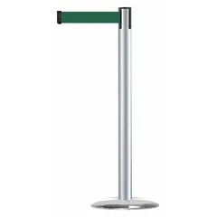 This retractable belt post barrier features a silver metal alloy post and a dark green belt with no legend or pattern. The cast iron base provides stability for use in crowd control and queue management. Belt length is 7 1/2 ft.