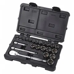 This 23-piece metric socket set includes 12-point sockets ranging from 6 mm to 25 mm with a 3/8 in drive. It comes with drive tools for tightening or loosening metric fasteners in automotive repair, machinery maintenance, and general industrial assembly.
