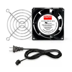 This compact axial fan kit delivers 20 to 25 cfm airflow at 0.000 in static pressure. It features a polycarbonate blade, measures 3 5/8 inches in height and 1 inch in depth, and includes a cord set with a NEMA 1-15 plug. The unit has terminals and an IP20 rating, suitable for cooling and ventilation in electronic enclosures, control panels, and small equipment.
