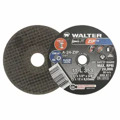 Type 1 general purpose cut-off wheel for carbon and stainless steel. Aluminum oxide abrasive with 24 grit. Measures 3" outer diameter, 1/2" thickness, 3/8" arbor hole. Suitable for cutting metal stock, tubing, and sheet in fabrication and maintenance tasks.