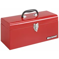 This steel tool box provides secure portable storage for hand tools, parts, and small equipment. It features a single compartment and includes a padlock. The red finish and steel construction are suited for workshops, garages, and job sites.