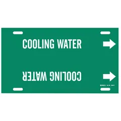Green strap-on pipe marker with white 'Cooling Water' legend and directional arrows. Fits pipe outer diameters from 10 to 15 inches. Used to identify cooling water lines and indicate flow direction in piping systems.